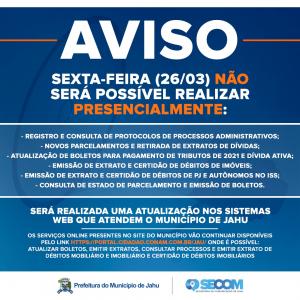 Imagem da notícia SERVIÇOS PRESENCIAIS INDISPONÍVEIS NESTA SEXTA FEIRA