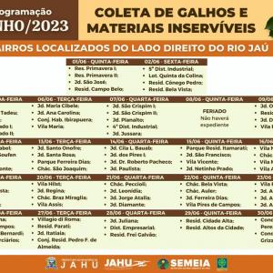 Imagem da notícia JAHU MAIS LIMPA: CRONOGRAMA CATA-GALHO E INSERVÍVEIS DE 05/06 A 09/06