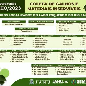 Imagem da notícia JAHU MAIS LIMPA: CRONOGRAMA CATA-GALHO E INSERVÍVEIS DE 05/06 A 09/06
