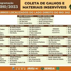 Imagem da notícia JAHU MAIS LIMPA: CRONOGRAMA CATA-GALHO E INSERVÍVEIS DE 26 A 30/06