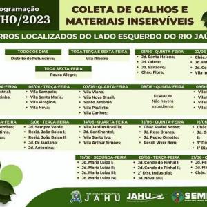 Imagem da notícia JAHU MAIS LIMPA: CRONOGRAMA CATA-GALHO E INSERVÍVEIS DE 26 A 30/06