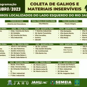 Imagem da notícia JAHU MAIS LIMPA: CATA-GALHO E INSERVÍVEIS - CRONOGRAMA DE OUTUBRO