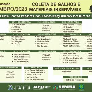 Imagem da notícia JAHU MAIS LIMPA: CATA-GALHO E INSERVÍVEIS - CRONOGRAMA DE NOVEMBRO