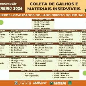 Imagem da notícia JAHU MAIS LIMPA: CRONOGRAMA CATA-GALHO E INSERVÍVEIS - FEVEREIRO 2024